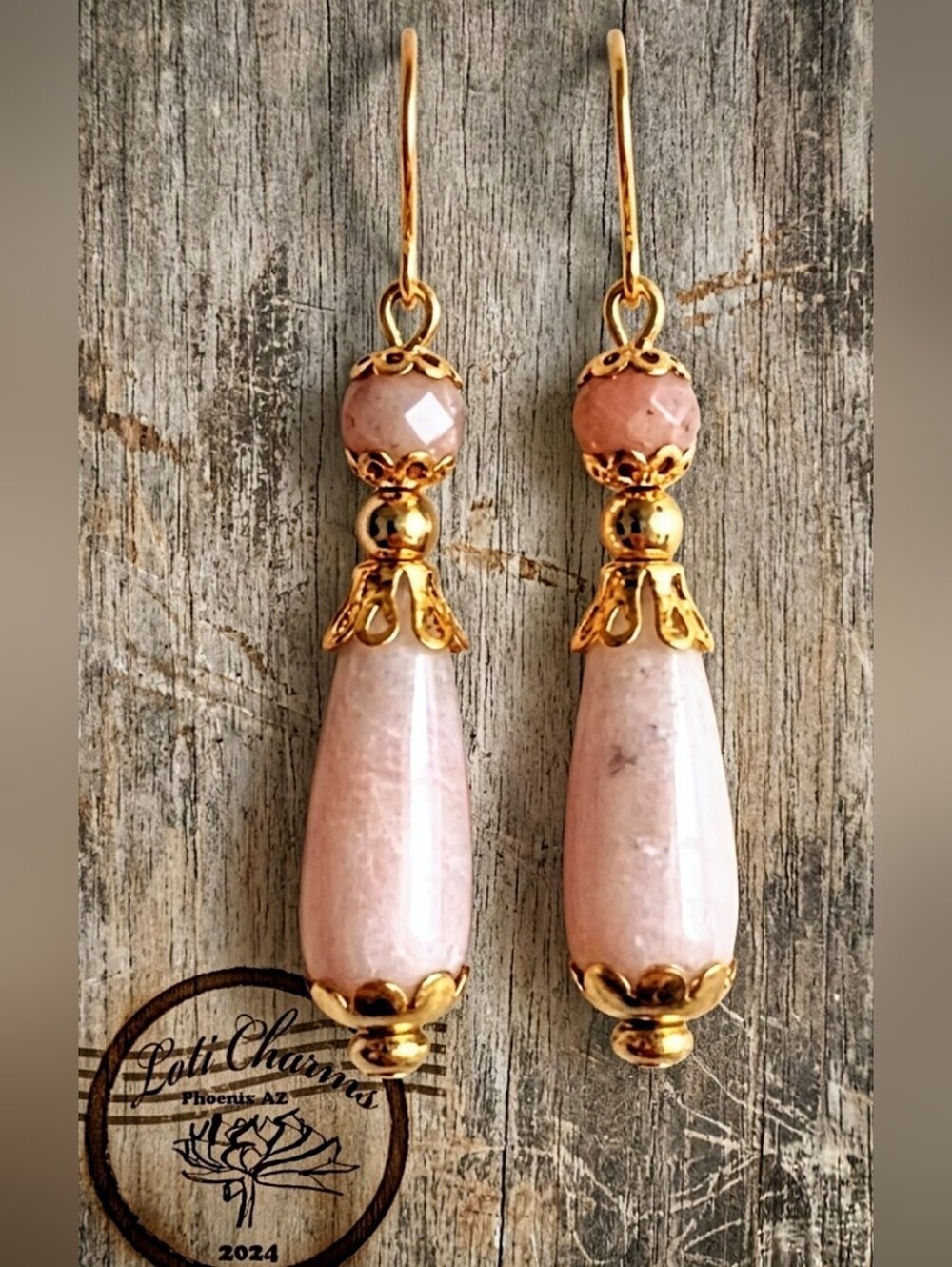 Victorian Natural Peruvian Pink Opal In Gold Plated Earrings